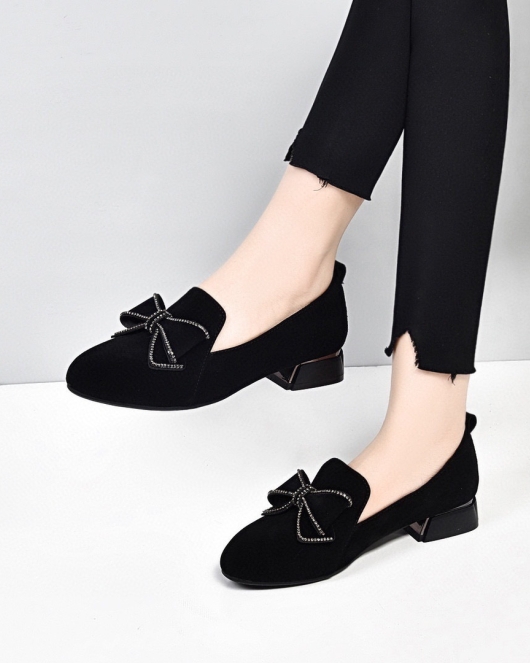 Round head flat shoes Women's shoes Spring bow rhinestone black sheepskin women's single shoes