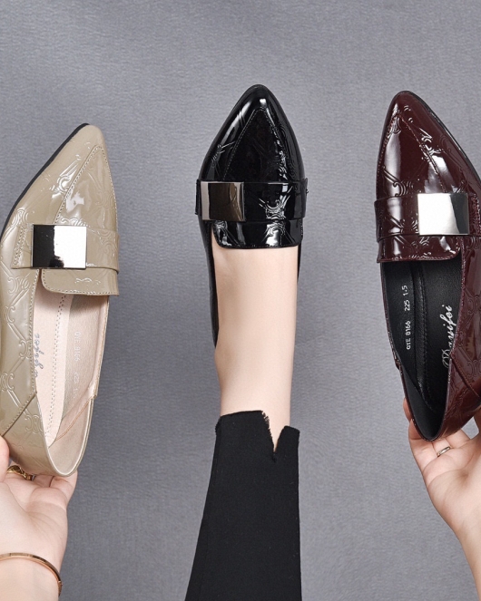 Polygonal flat shoes Women's shoes Women's shoes in autumn, cowhide square buckle single shoes comfortable low heel work shoes